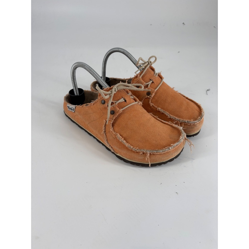 Birki's by Birkenstock Menorca Orange Canvas Frayed Mules Clogs Mens 5 Womens 7